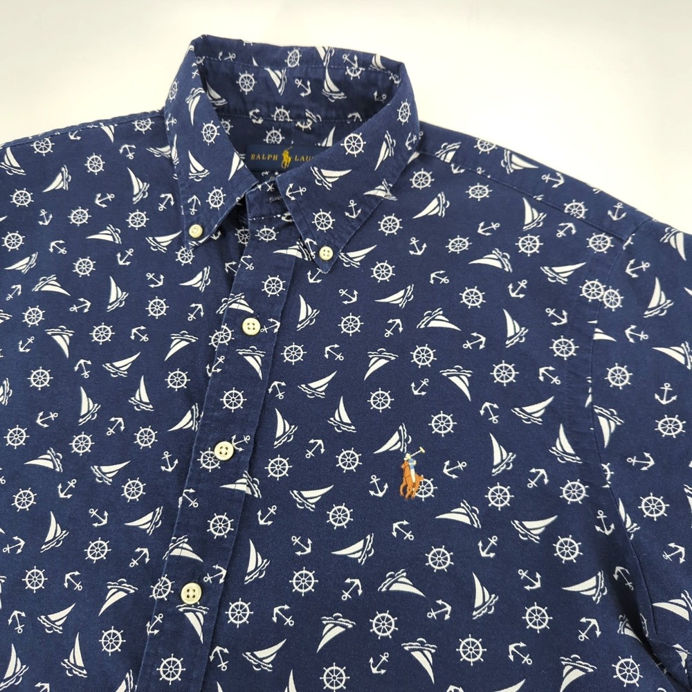 Ralph‎ Lauren Shirt Men's Medium Classic Fit Nautical Sail AOP Button Down Polo